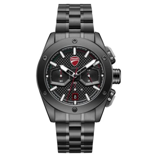 Black wristwatch with detailed face on a white background