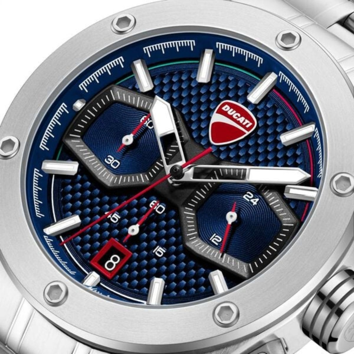 Close-up of a Ducati-branded watch with a blue face and silver casing.