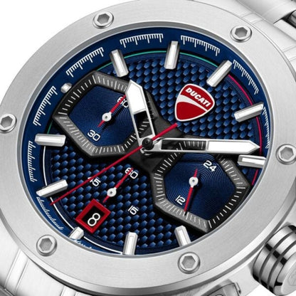 Close-up of a Ducati-branded watch with a blue face and silver casing.