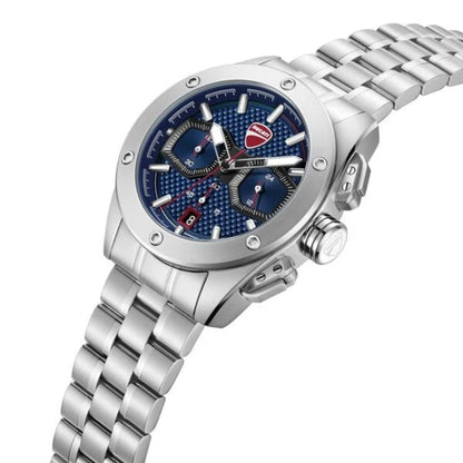 Silver watch with a blue face on a white background