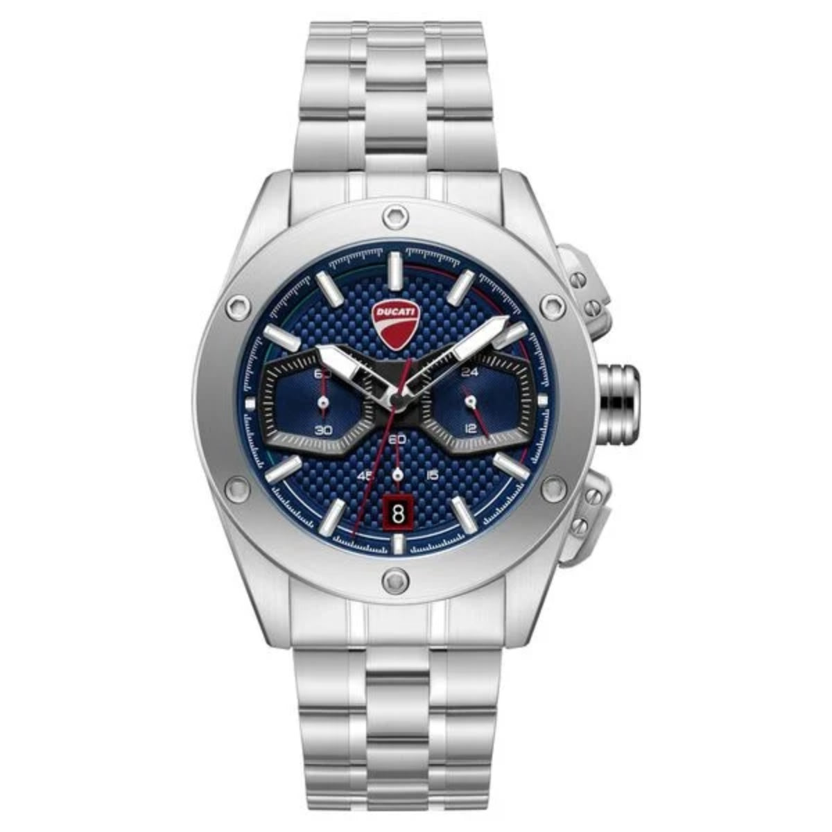Silver watch with blue face and Ducati logo on a white background