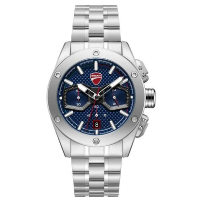 Silver watch with blue face and Ducati logo on a white background