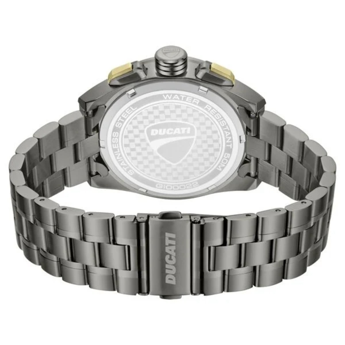 Ducati watch with metallic band on a white background