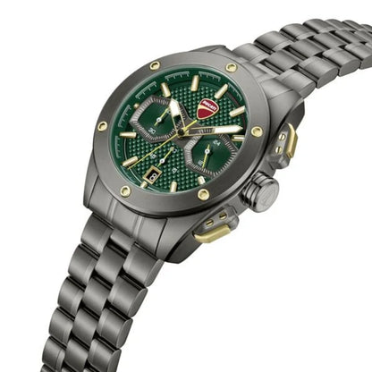 Silver watch with a green face on a white background