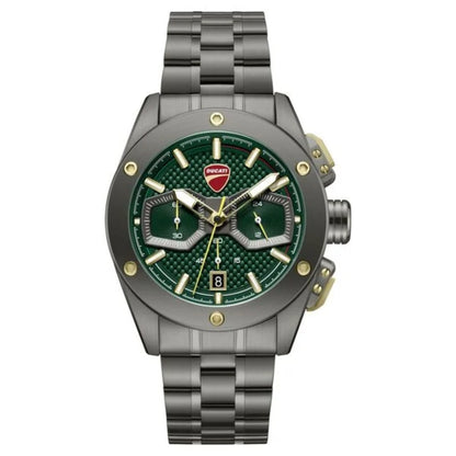 Watch with green face and silver strap on white background