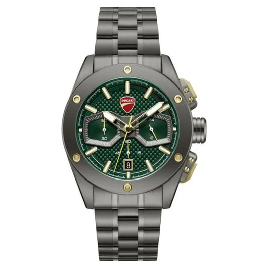 Watch with green face and silver strap on white background