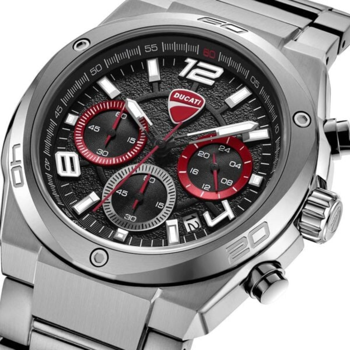 Silver watch with black dial and red accents, featuring a Ducati logo.