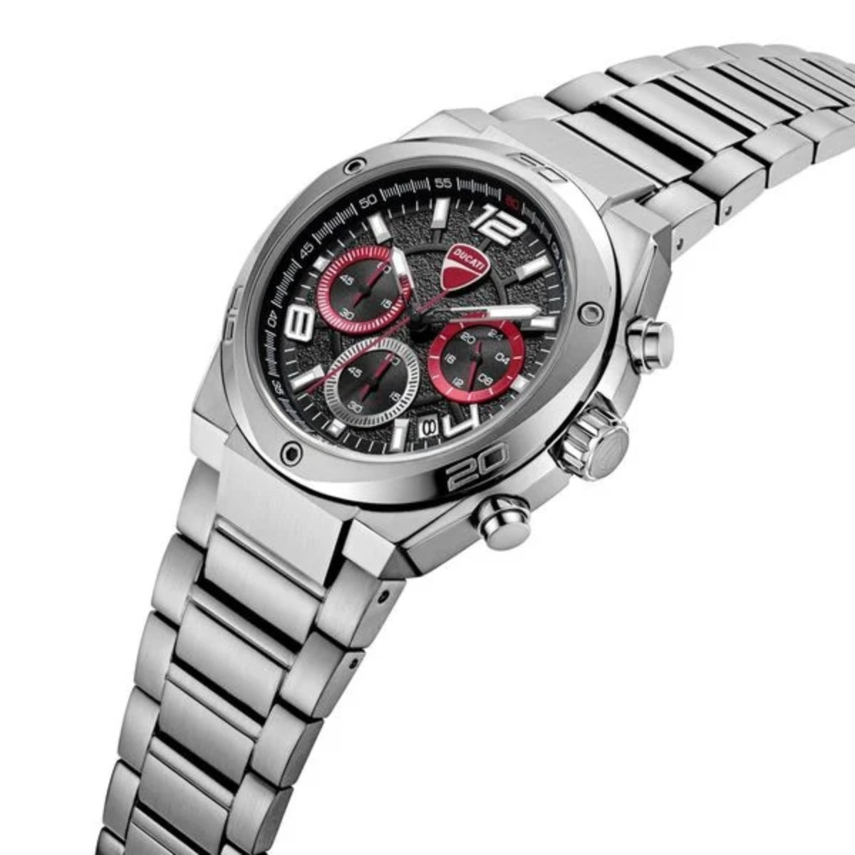 Silver watch with a black face and red accents on a white background
