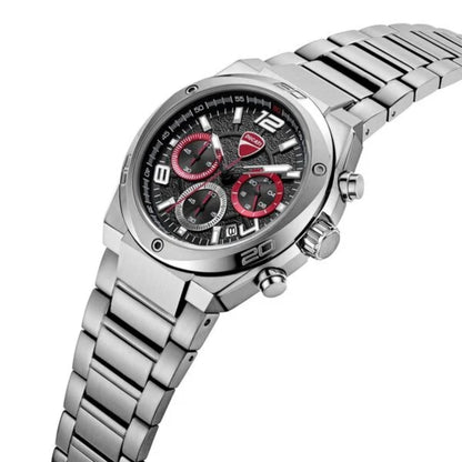 Silver watch with a black face and red accents on a white background