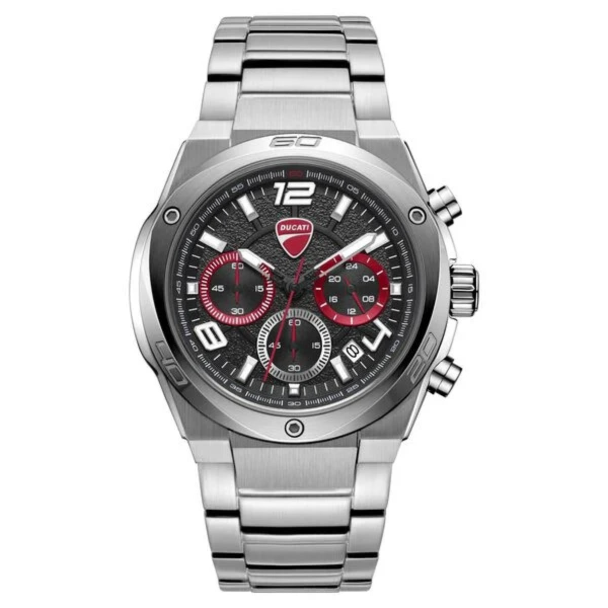 Silver watch with a red and black face on a white background