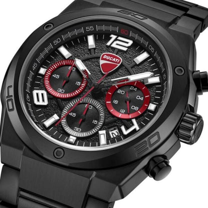 Black Ducati watch with red accents on a white background