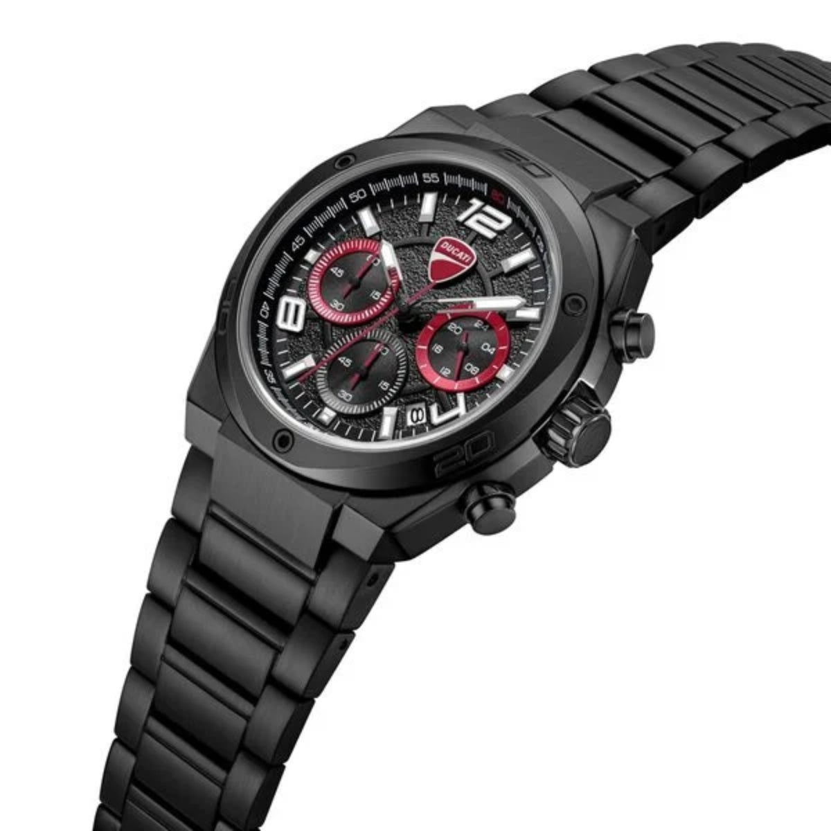 Black wristwatch with red accents on a white background