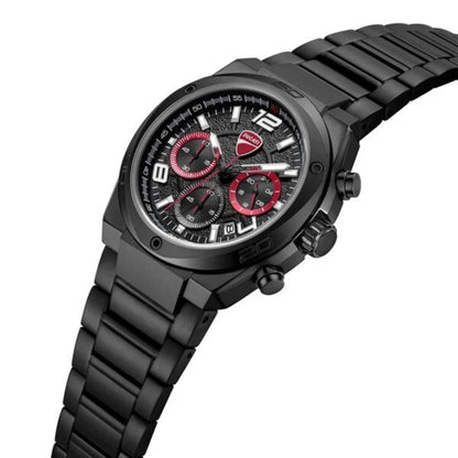 Black wristwatch with red accents on a white background