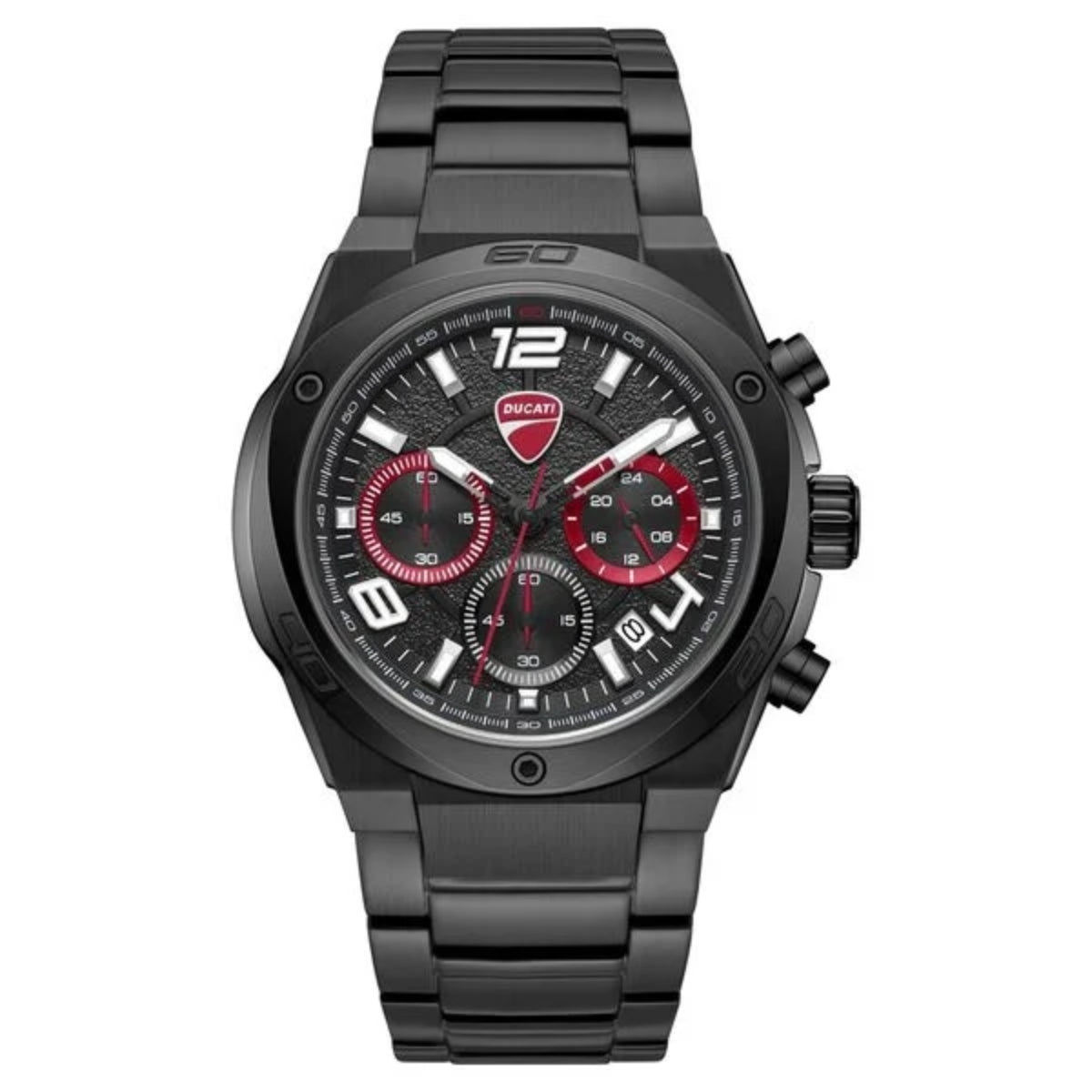 Black Ducati watch with red accents on a white background