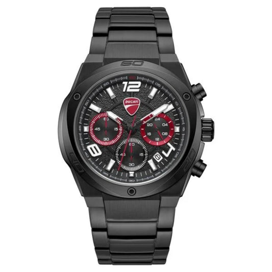 Black Ducati watch with red accents on a white background