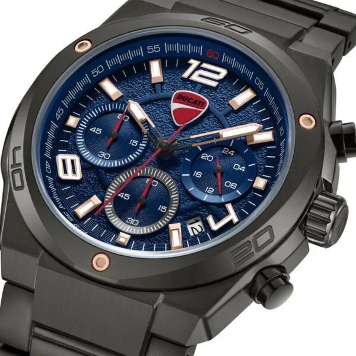 Ducati watch with blue face and black casing on a white background