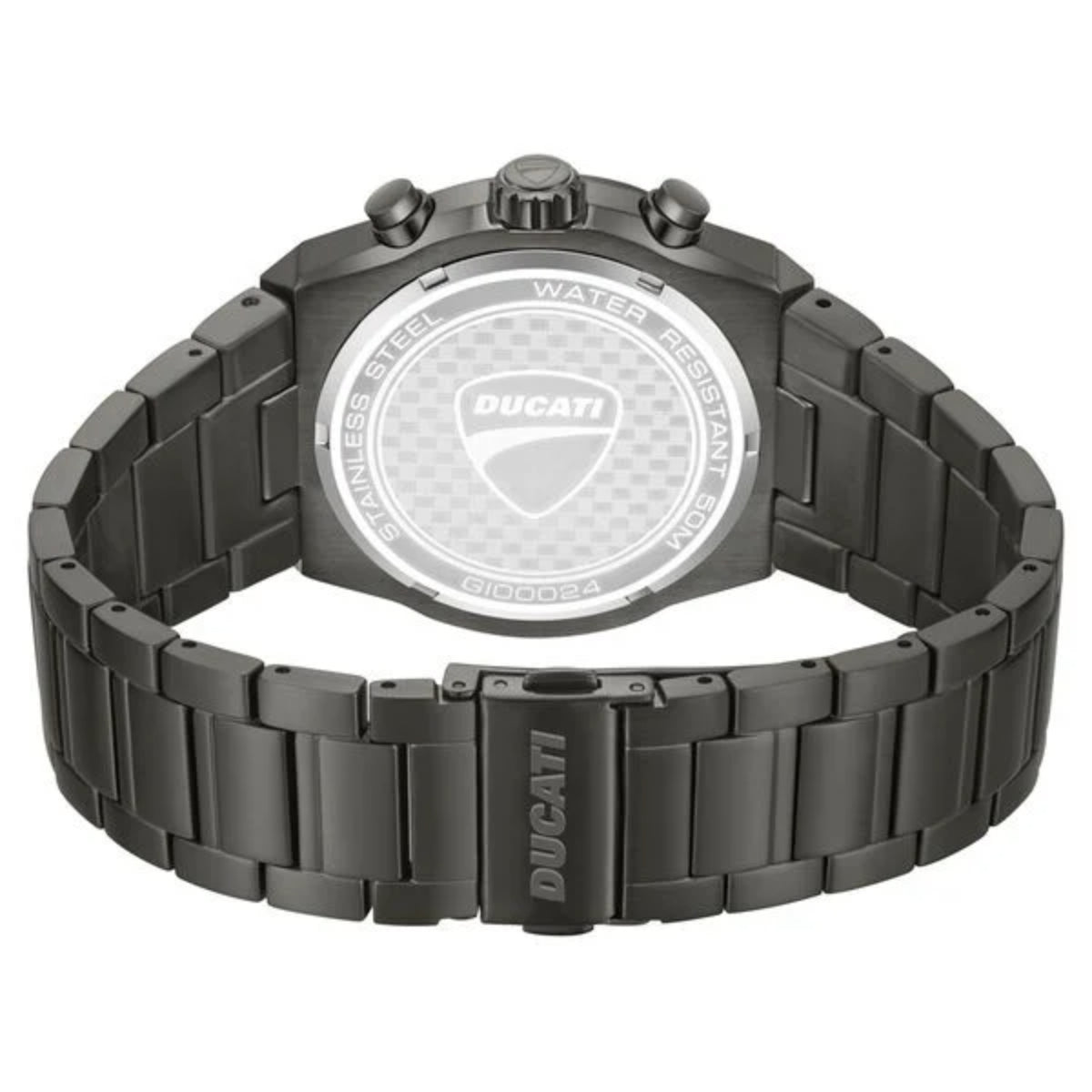 Black Ducati watch with a white face on a white background