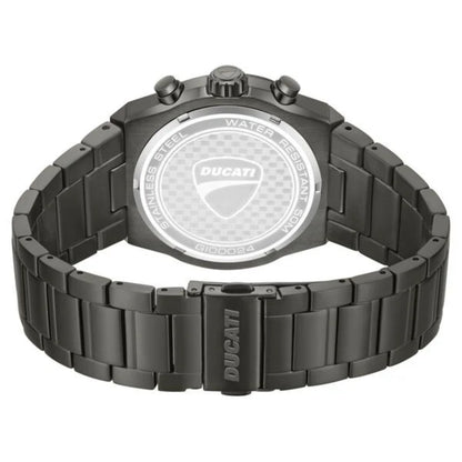 Black Ducati watch with a white face on a white background