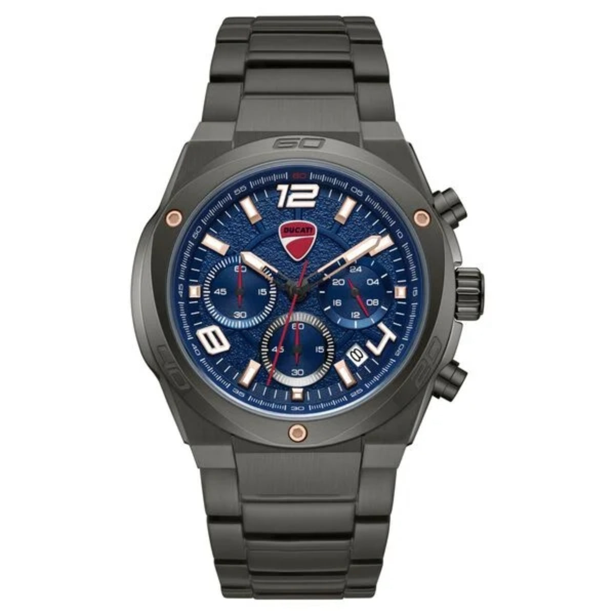 Gray wristwatch with a blue face on a white background