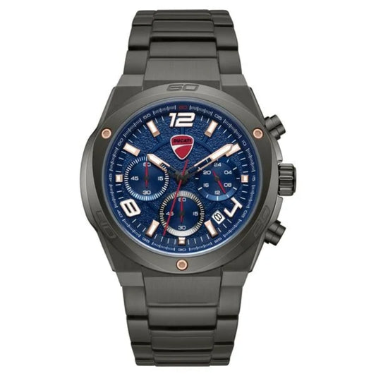 Gray wristwatch with a blue face on a white background