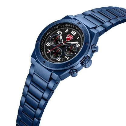 Blue wristwatch with a detailed face on a white background