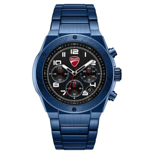 Blue watch with a detailed face on a white background