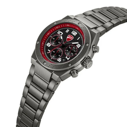 Silver watch with a red accent on a white background