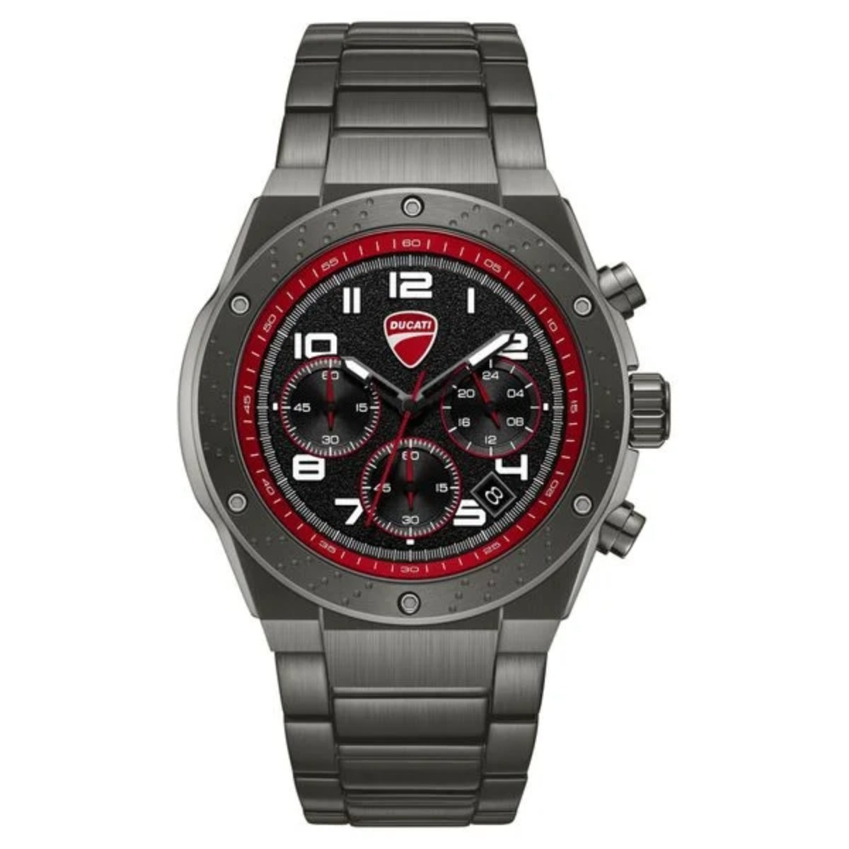 Gray wristwatch with red accents on a white background