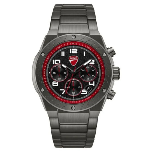 Gray wristwatch with red accents on a white background