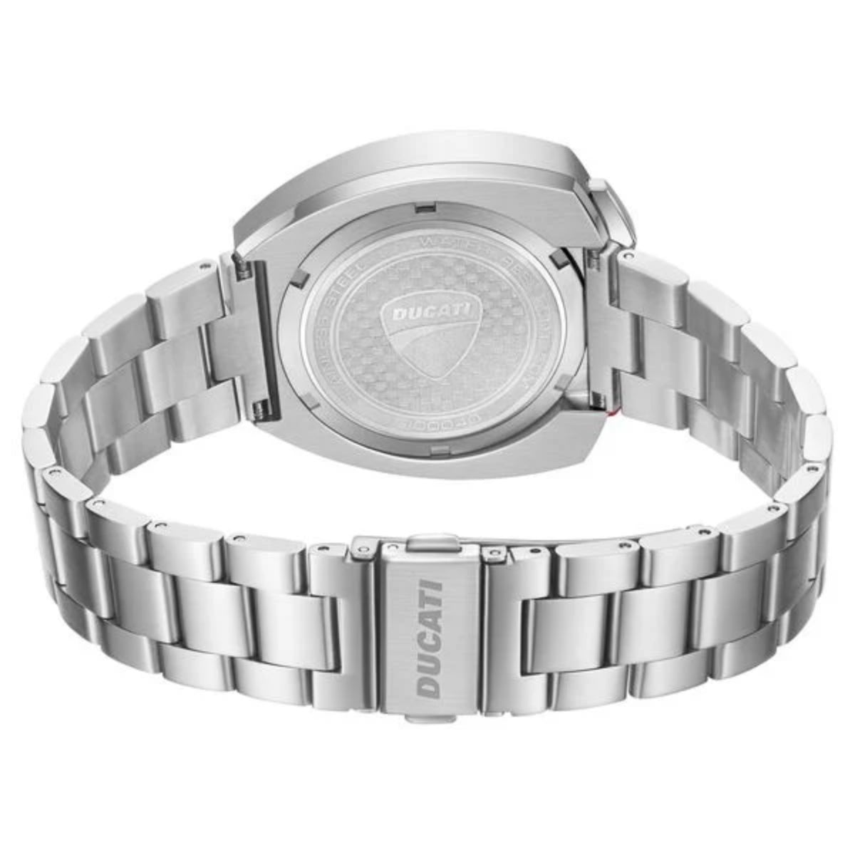 Silver Ducati watch with a metal bracelet on a white background