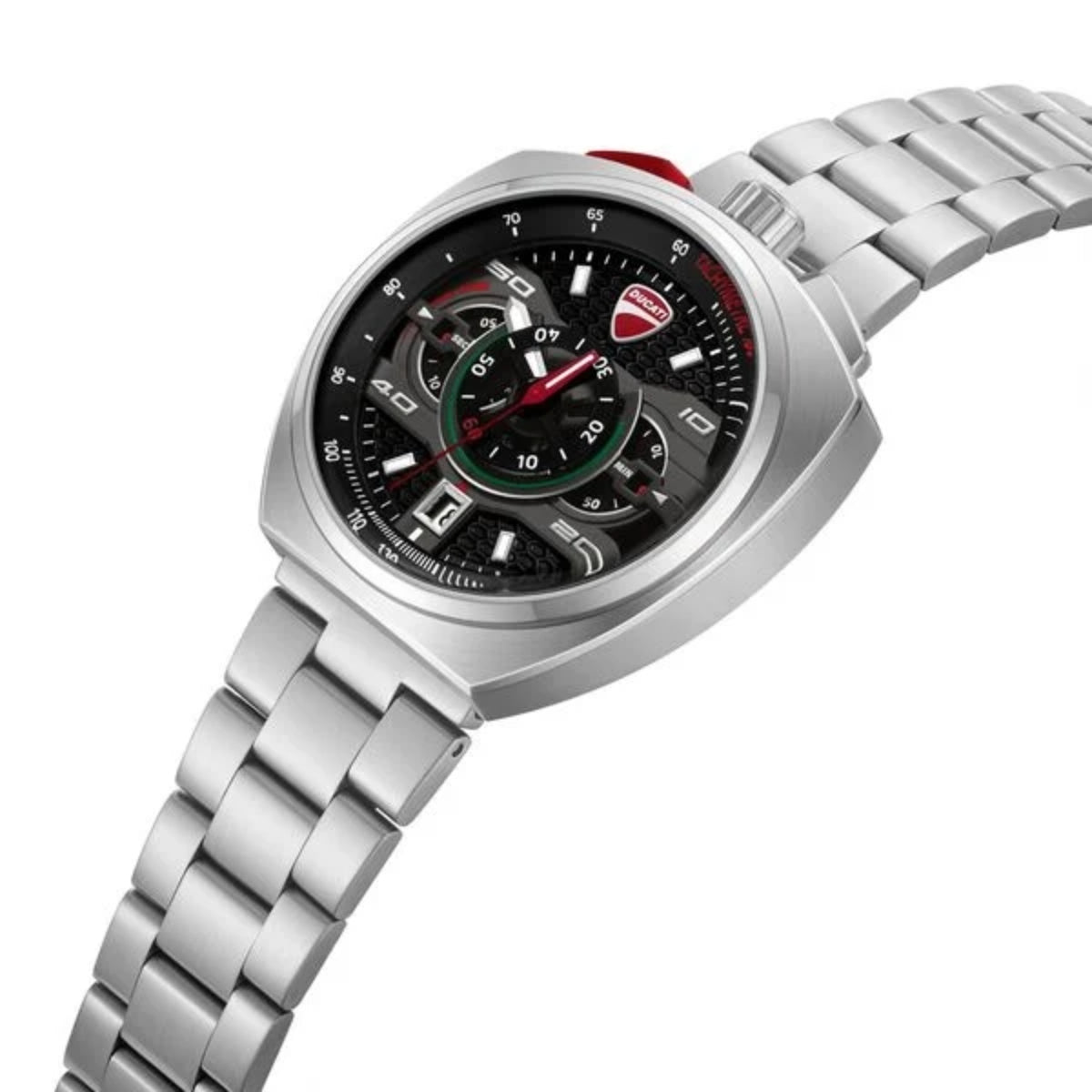 Silver wristwatch with a detailed black face on a white background