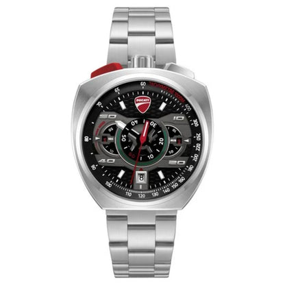 Silver watch with a black dial featuring red accents on a white background