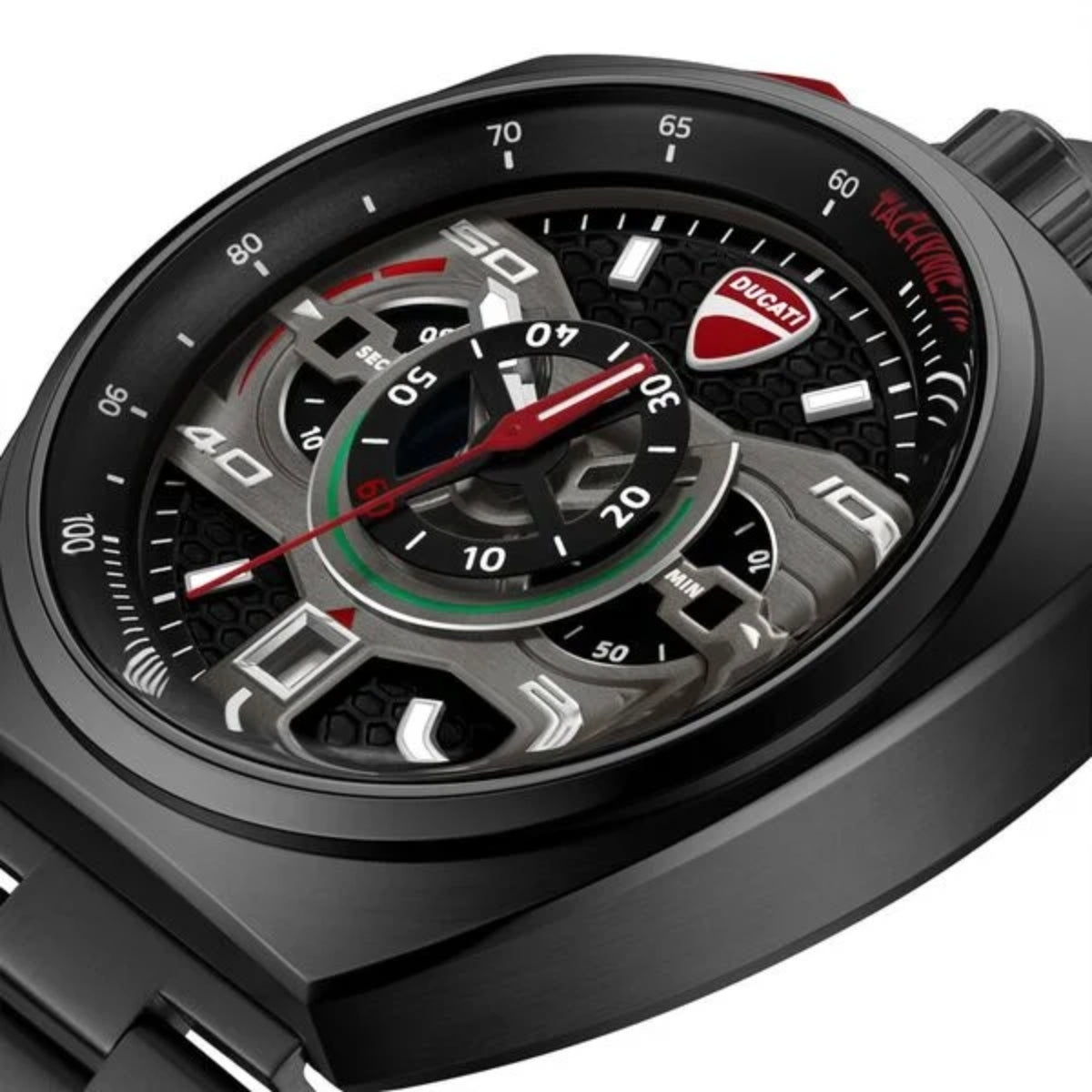 Close-up of a black Ducati watch with detailed face and brand logo.