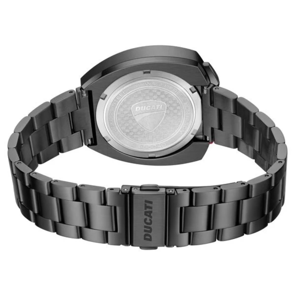 Black Ducati watch with metal strap on a white background