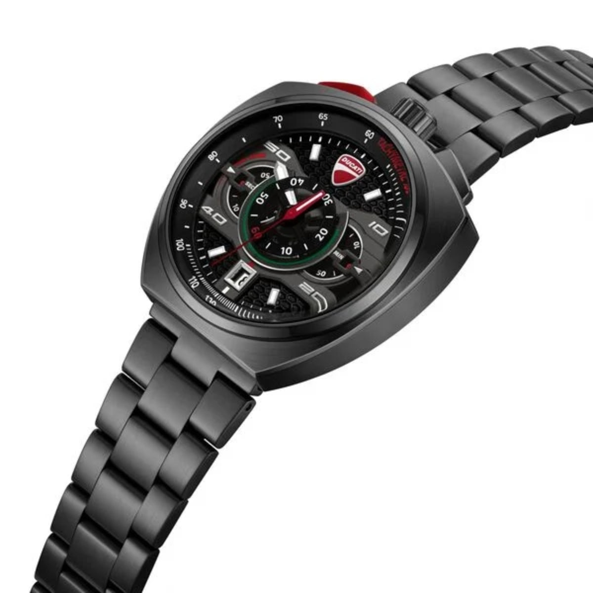 Black wristwatch with a detailed face on a white background