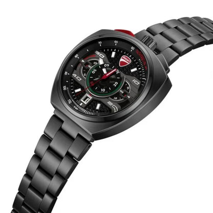 Black wristwatch with a detailed face on a white background