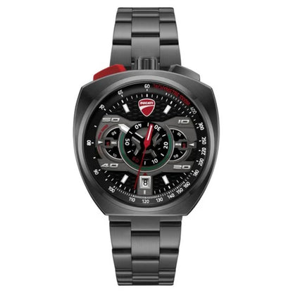 Ducati watch with black strap and detailed face on a white background