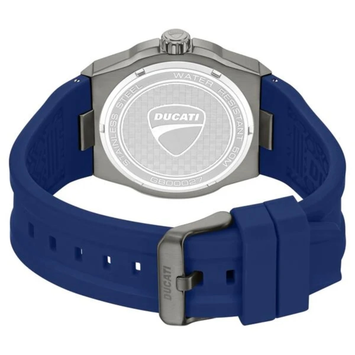 Ducati watch with blue strap and silver case on a white background