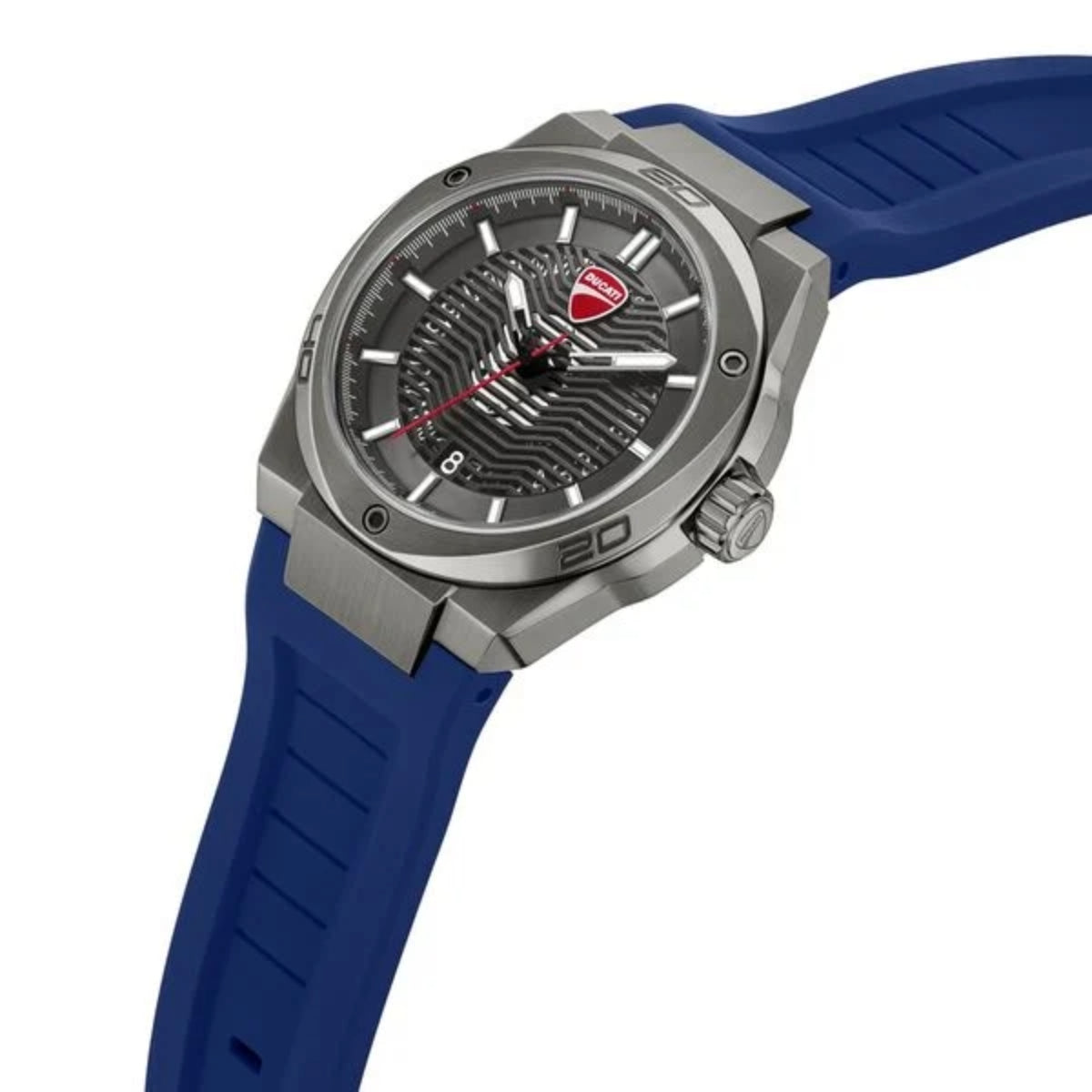 Watch with blue strap and silver case on a white background