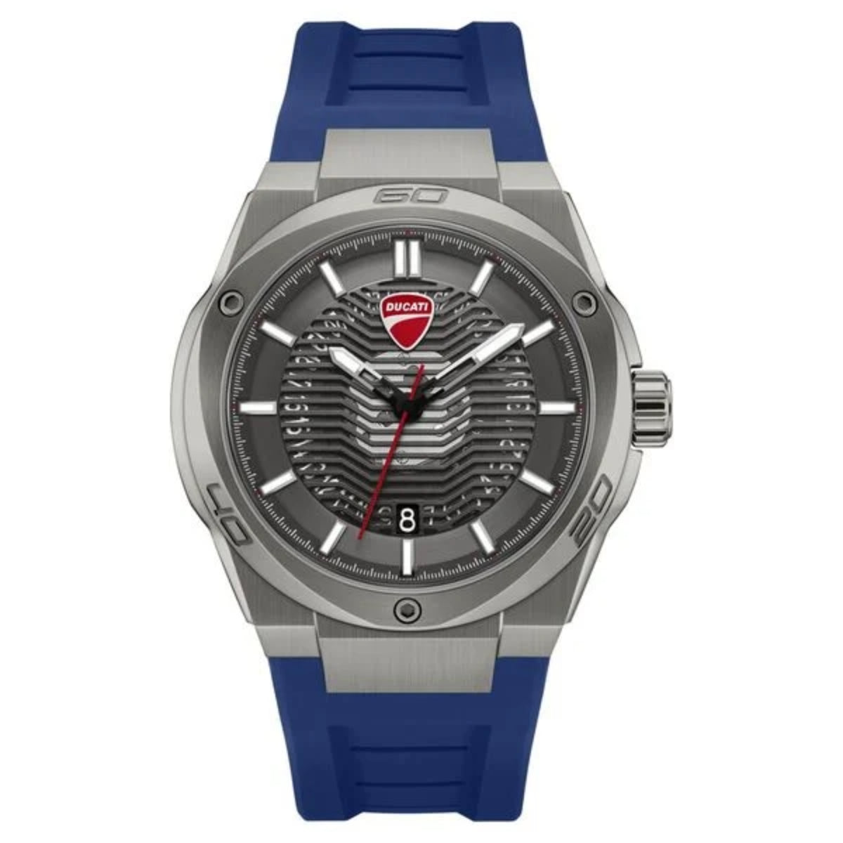Ducati watch with blue strap and silver case on a white background