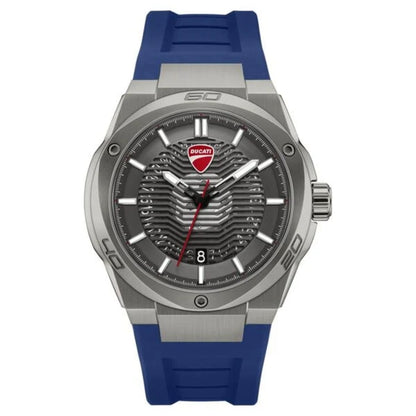 Ducati watch with blue strap and silver case on a white background
