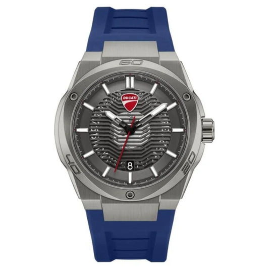 Ducati watch with blue strap and silver case on a white background