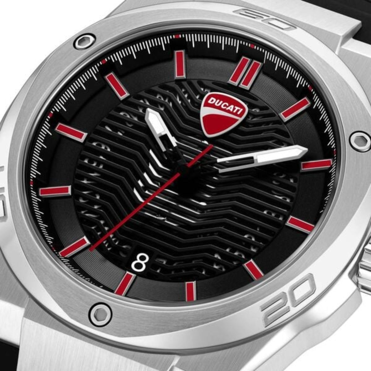 Ducati watch with black face, red accents, and silver case