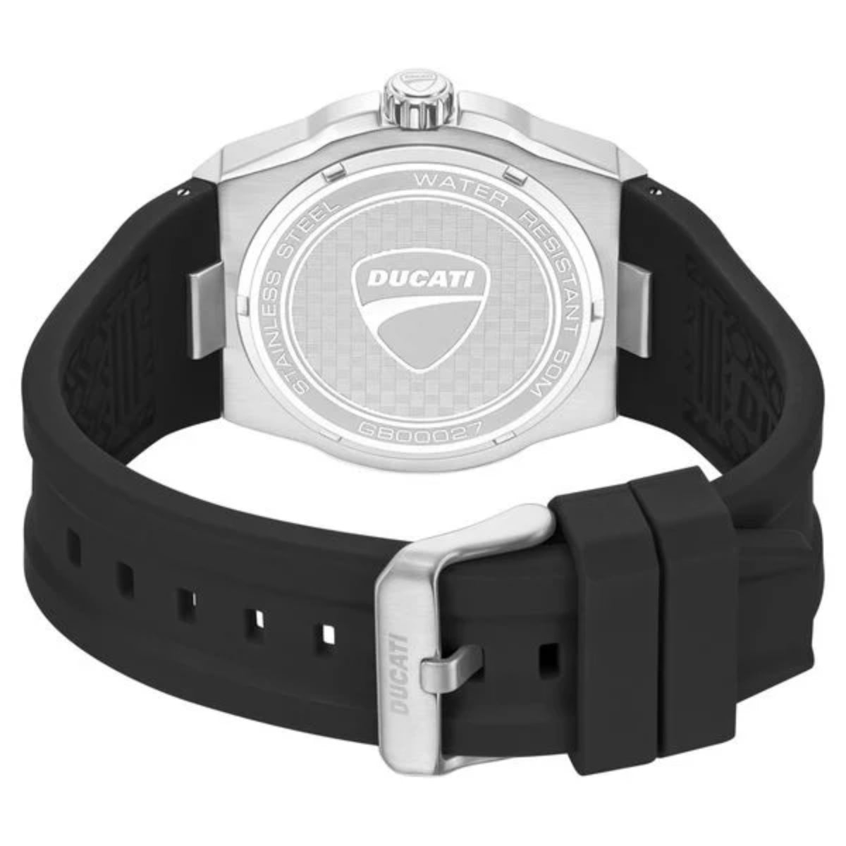 Ducati watch with black strap and silver case on a white background