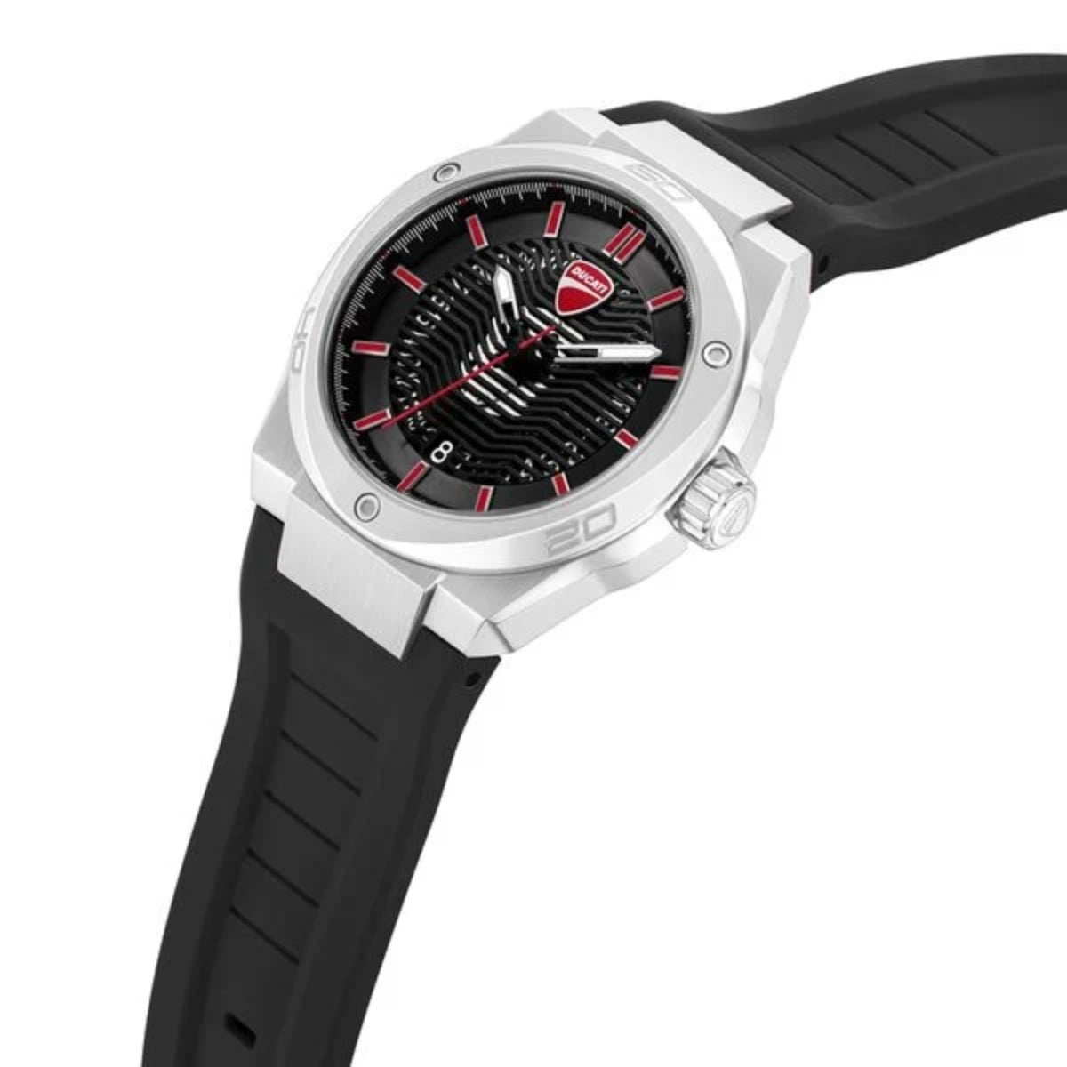 Watch with black strap and black dial on a white background