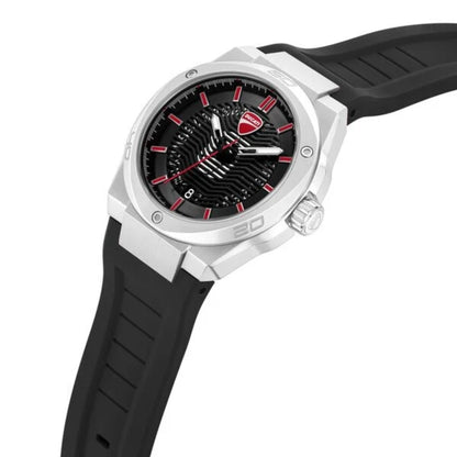Watch with black strap and black dial on a white background