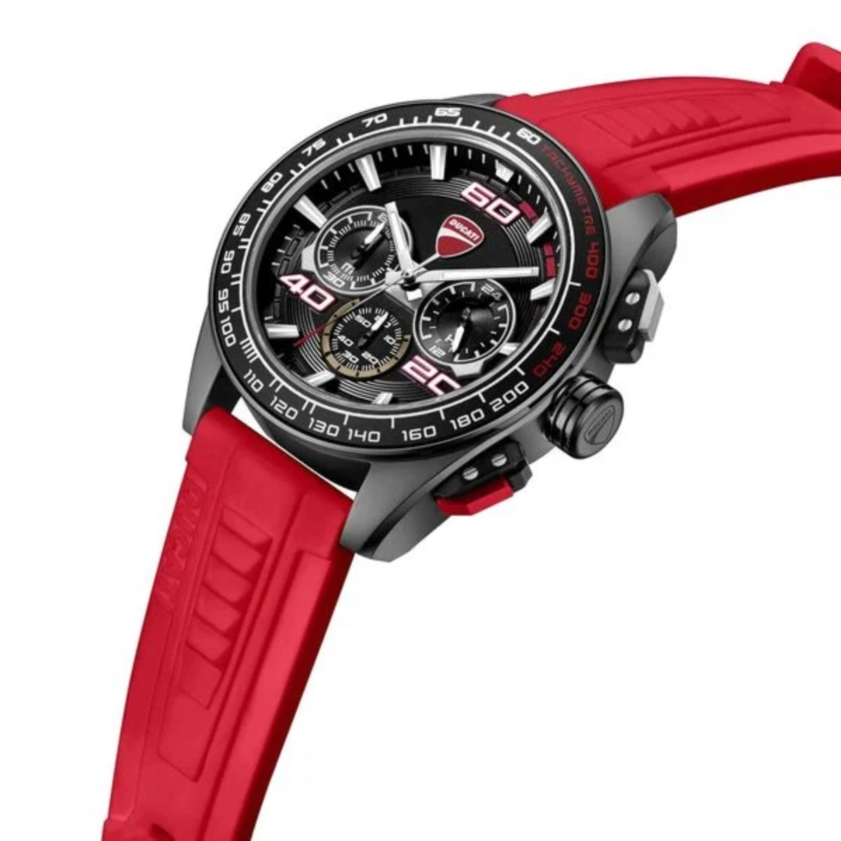 Wristwatch with red strap and detailed face on a white background