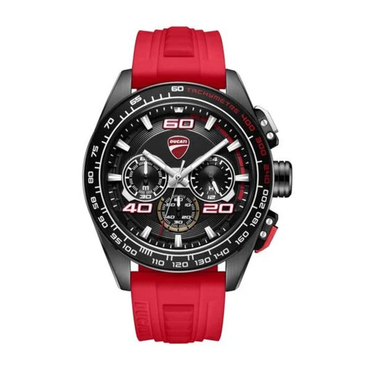 Wristwatch with red strap and black dial on a white background