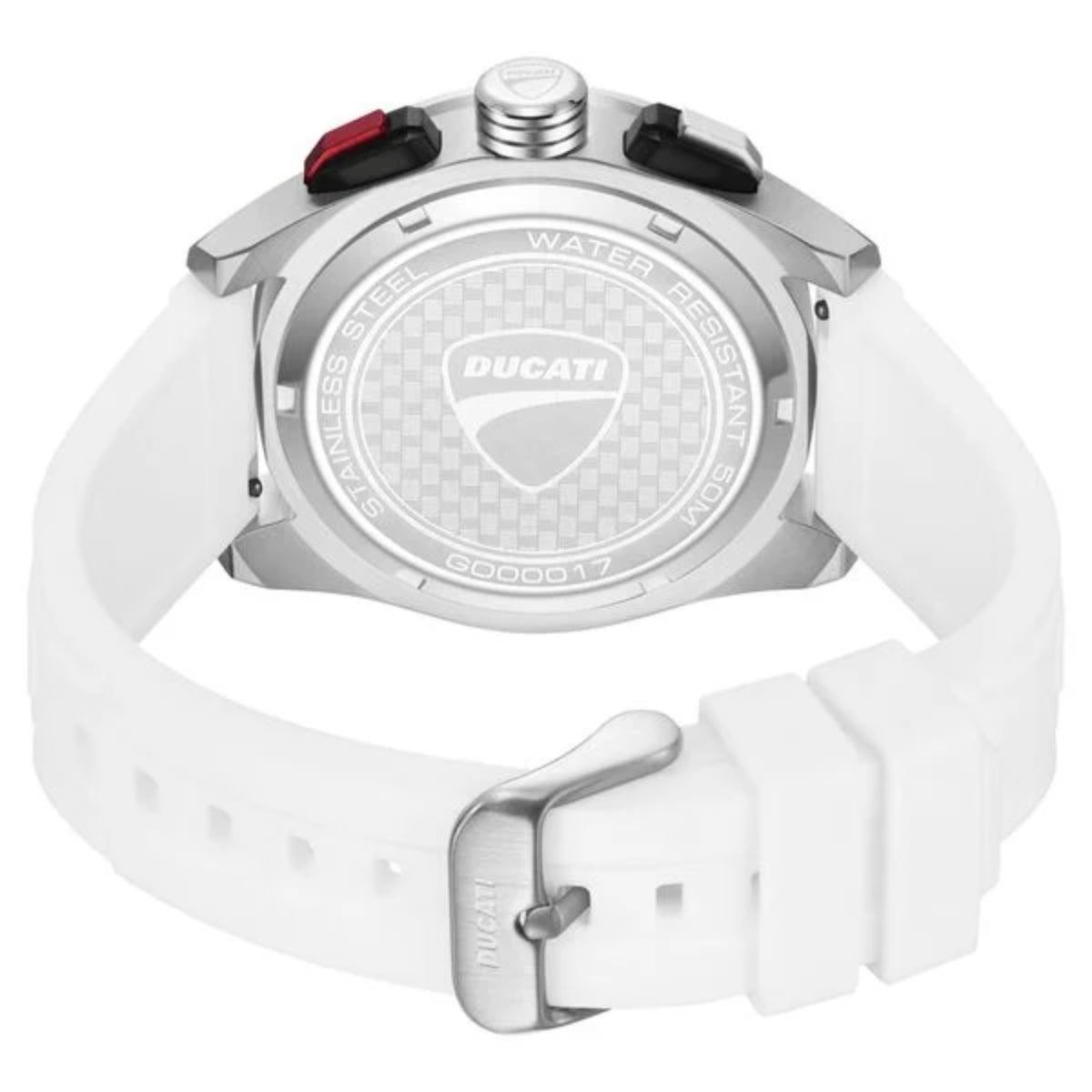 Ducati watch with white strap and silver case on a white background