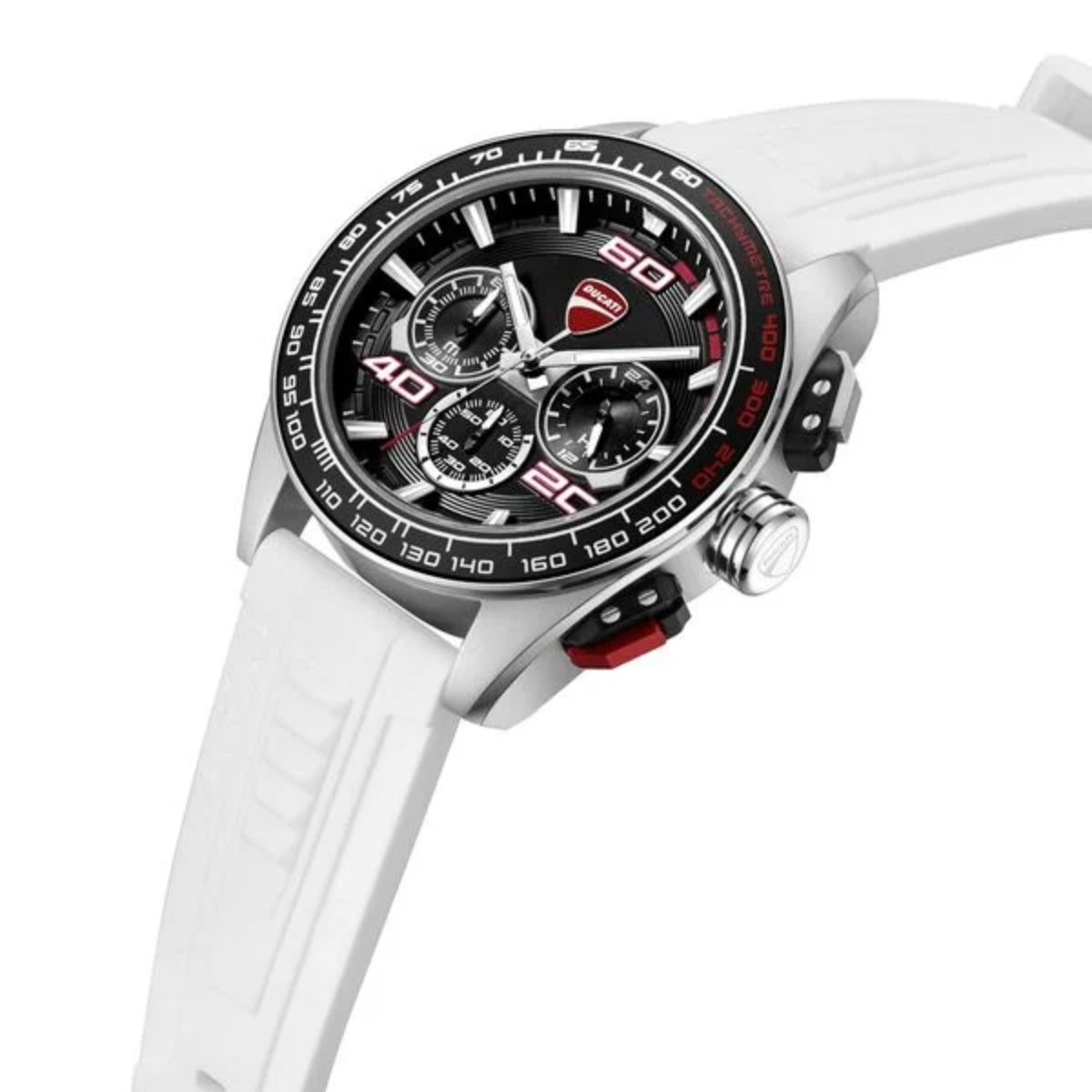 White watch with a black dial and red accents on a white background